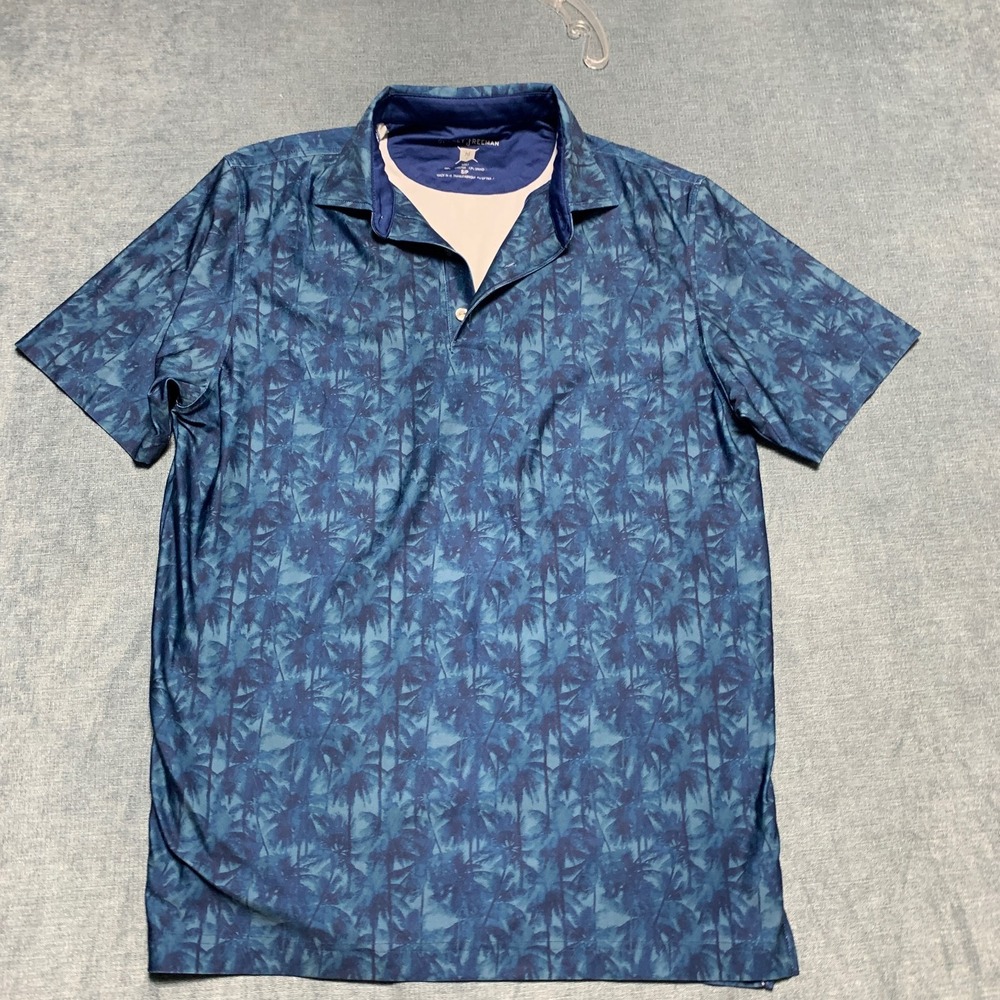 Hickey Freeman Polo Shirt Men's Small Blue Palm Tree Print Golf Performance